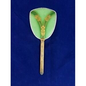 Art Deco 1920s Green Glass Hand Mirror Gold Floral Metal Vanity Antique